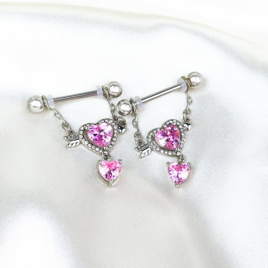 14G 9/16 Pink CZ Gem Fusion Of Love Arrow Heart Dangle Nipple Ring Set