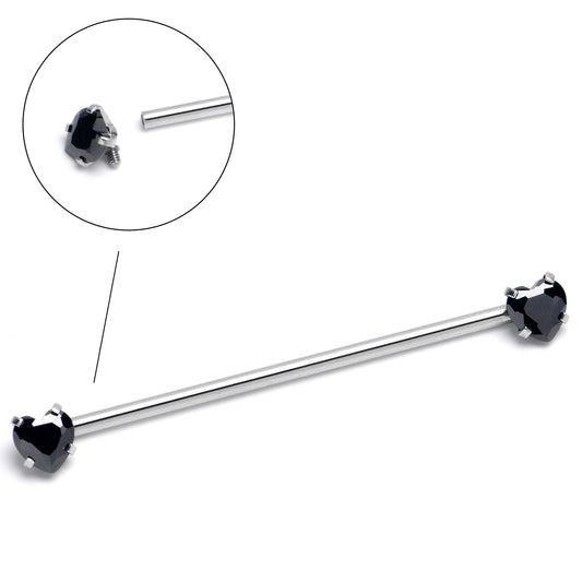 14G Black CZ Gem Heart Internally Threaded Industrial Barbell 38mm