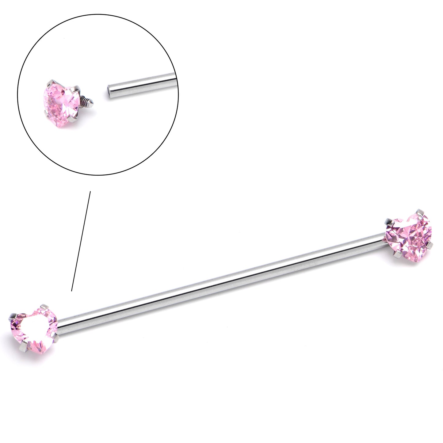 14G Pink CZ Gem Heart Internally Threaded Industrial Barbell 38mm
