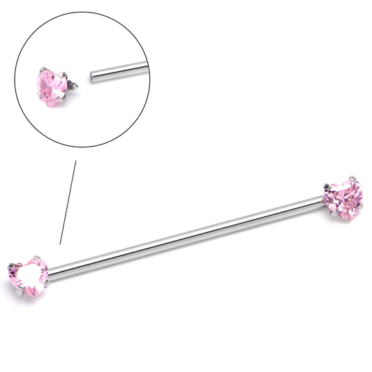 14G Pink CZ Gem Heart Internally Threaded Industrial Barbell 38mm