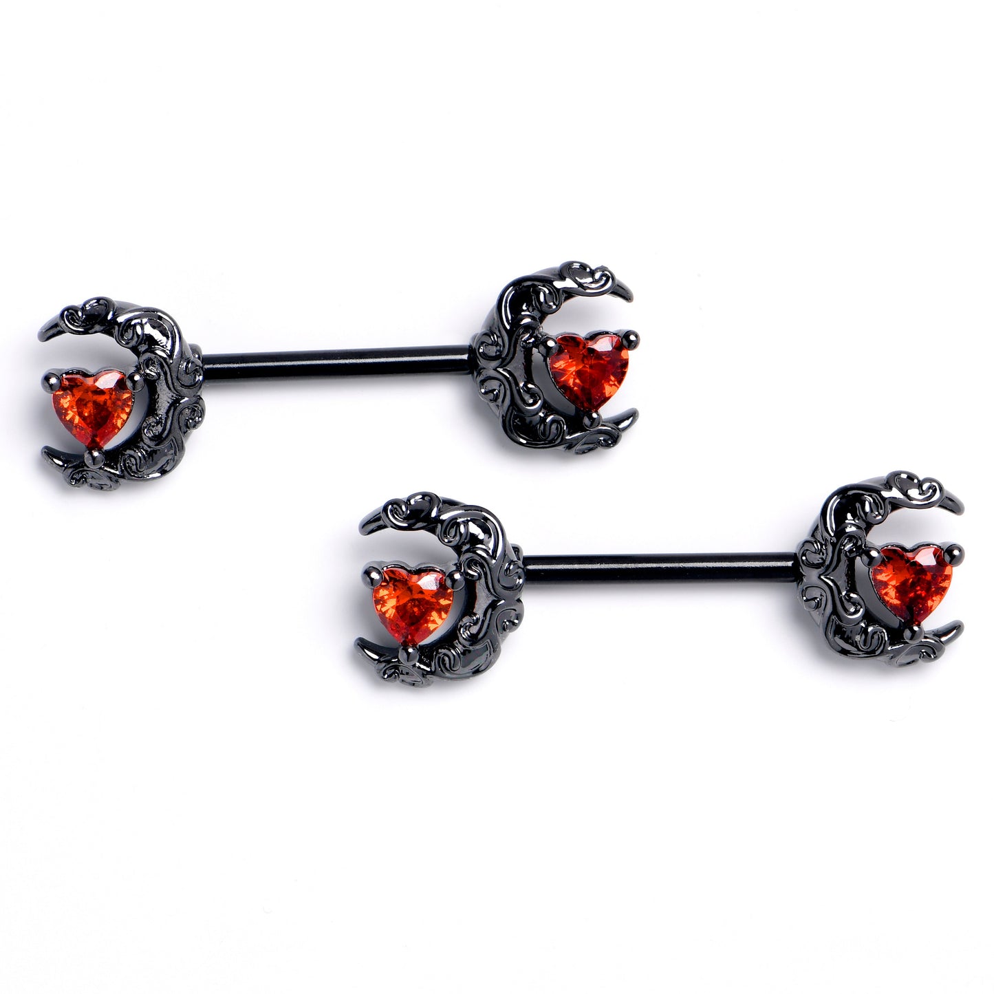 14G 9/16 Red Gem Black Heart Scroll Moon Barbell Nipple Ring Set