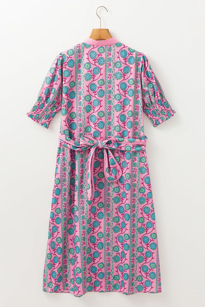 Floral Puff Sleeve Buttoned Midi Dress