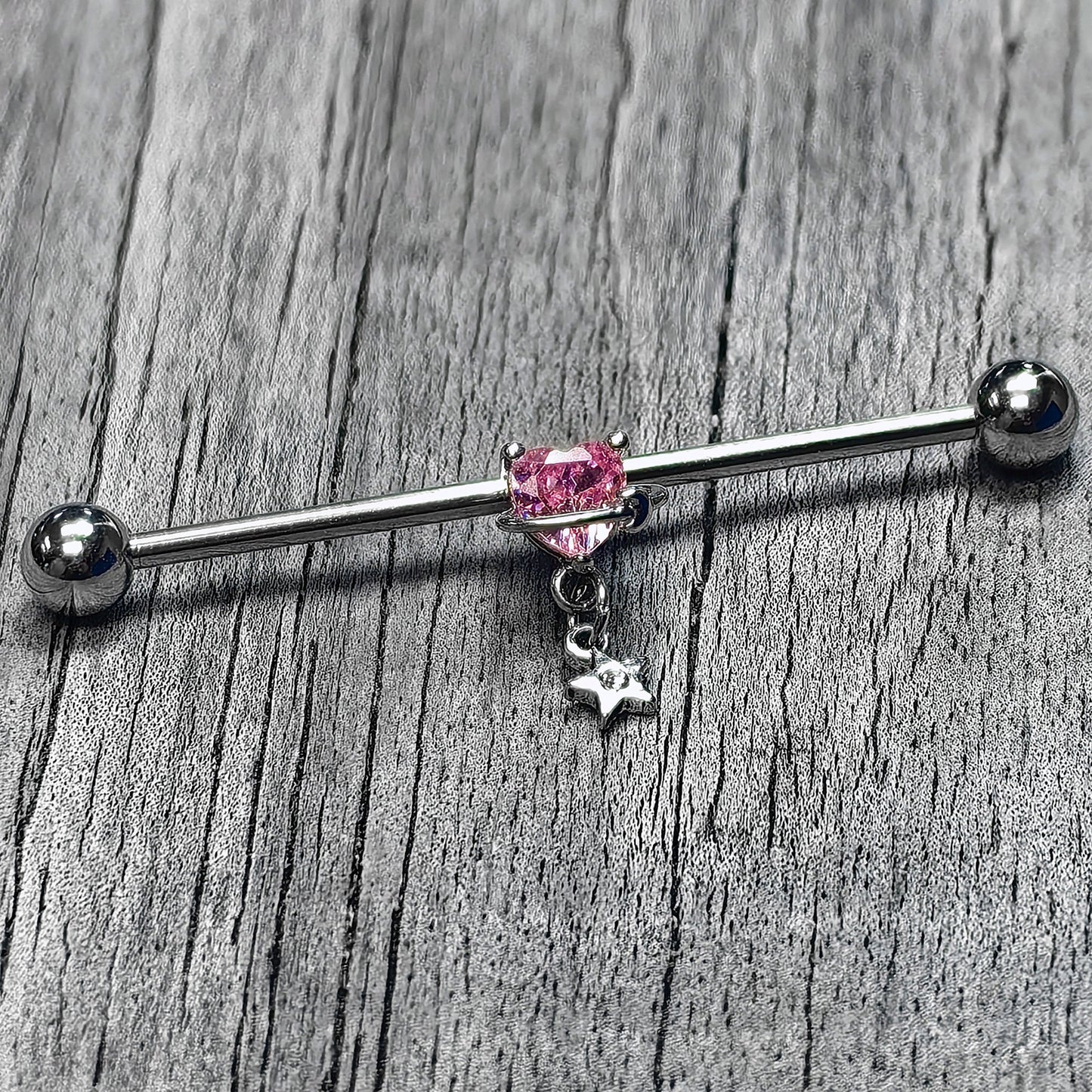 14G Pink CZ Gem Starry Saturn Heart Dangle Industrial Barbell 38mm