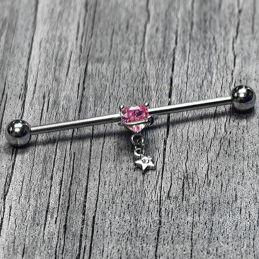 14G Pink CZ Gem Starry Saturn Heart Dangle Industrial Barbell 38mm