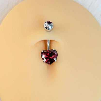 Red CZ Gem Heart Internally Threaded Belly Ring