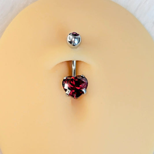 Red CZ Gem Heart Internally Threaded Belly Ring