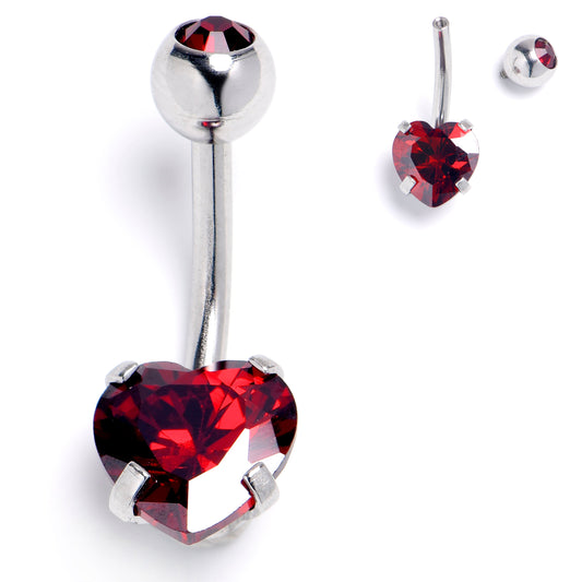 Red CZ Gem Heart Internally Threaded Belly Ring