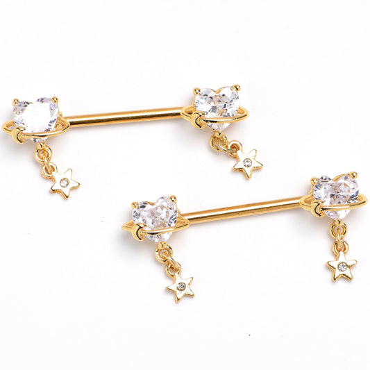 14G 9/16 Clear Gem Gold Tone Starry Heart Dangle Nipple Ring Set