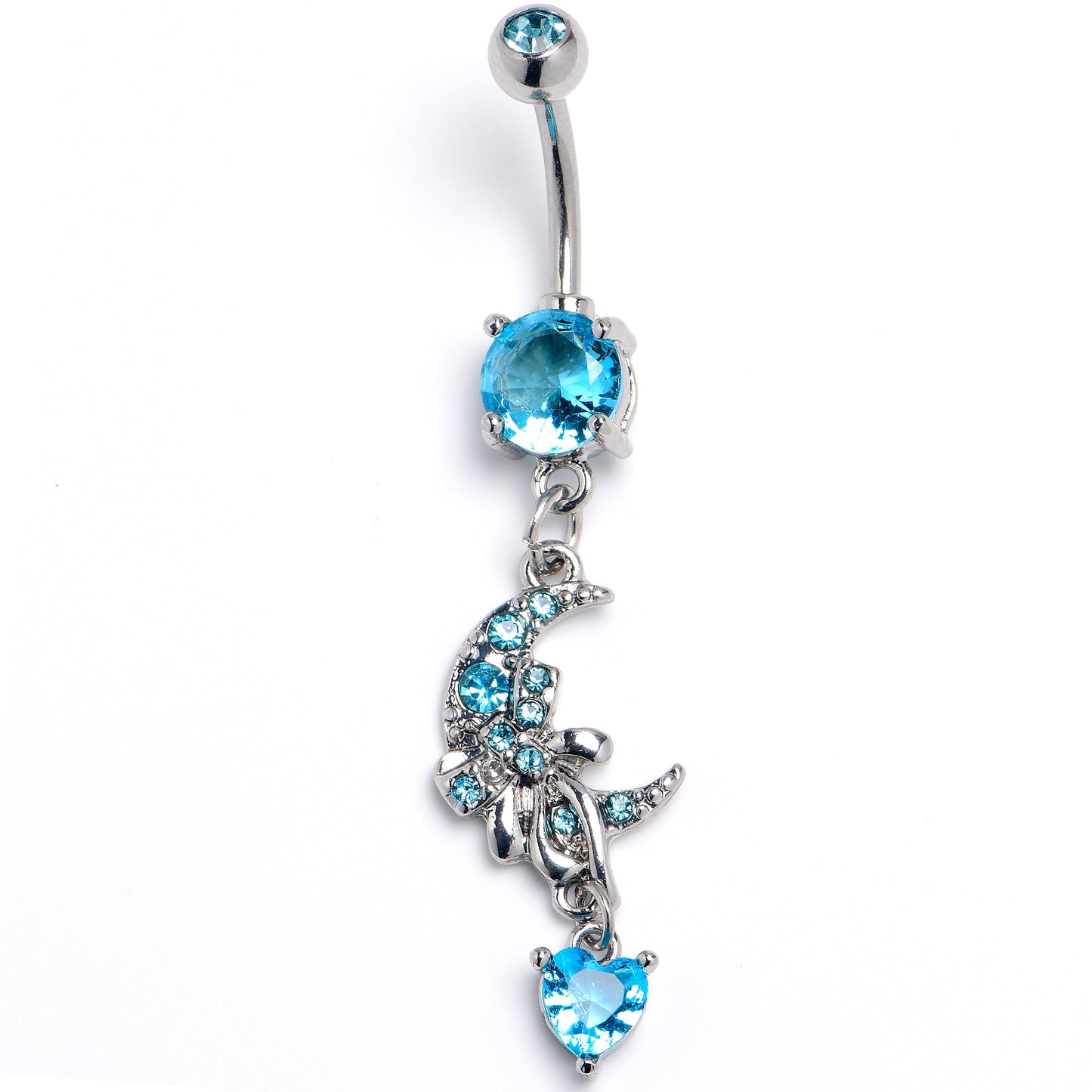 Blue Gem Bow Moon Heart Dangle Belly Ring