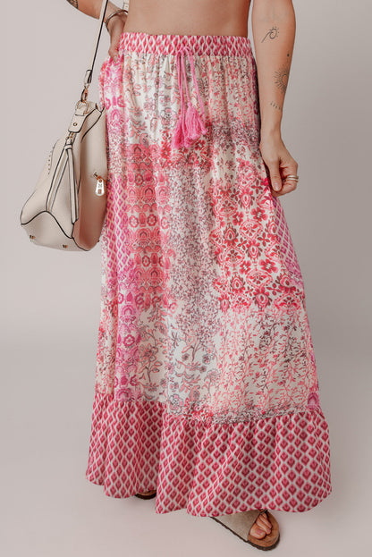 Boho Tassel Drawstring Elastic Waist Maxi Skirt