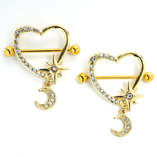 14G 9/16 Clear Gem Gold Tone Heart Moon Dangle Nipple Shield Set