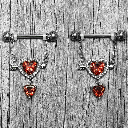 14G 9/16 Red Gem Fusion of Love Arrow Heart Dangle Nipple Ring Set