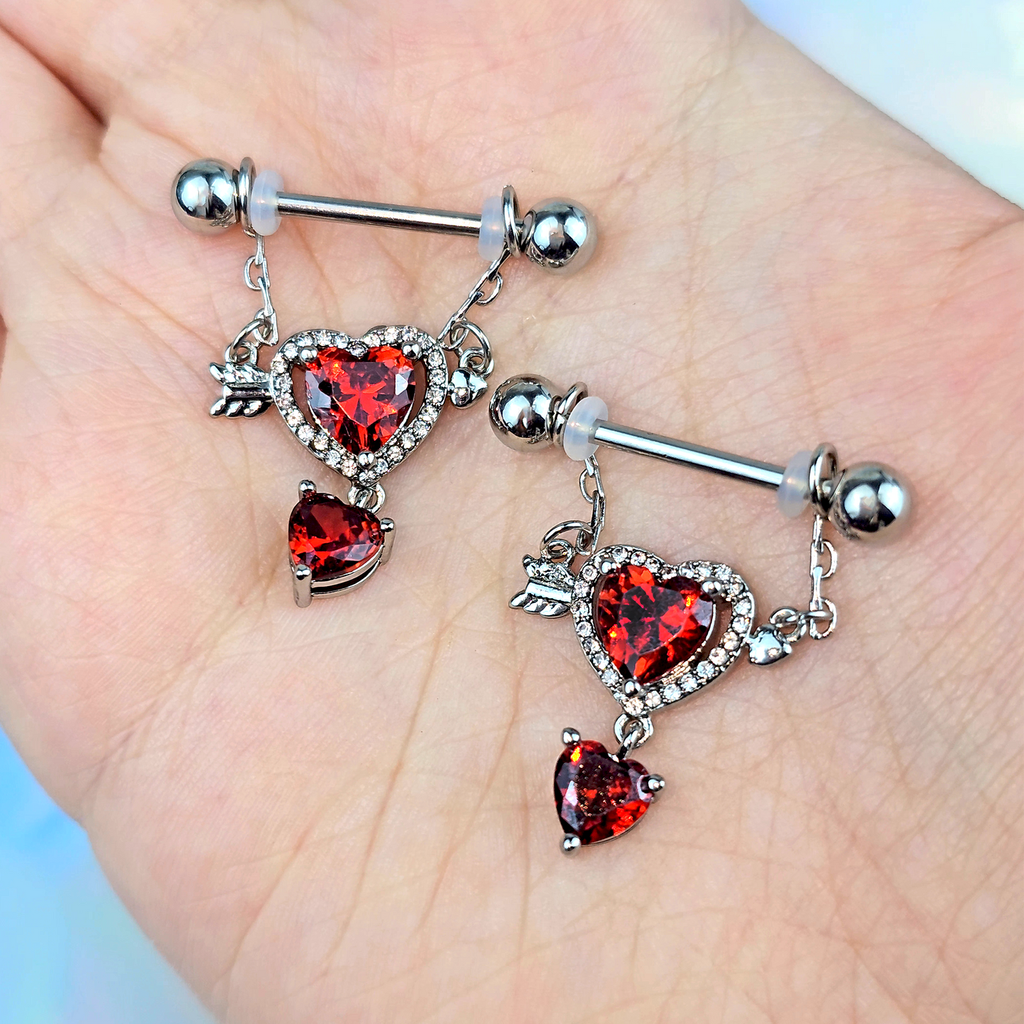 14G 9/16 Red Gem Fusion of Love Arrow Heart Dangle Nipple Ring Set