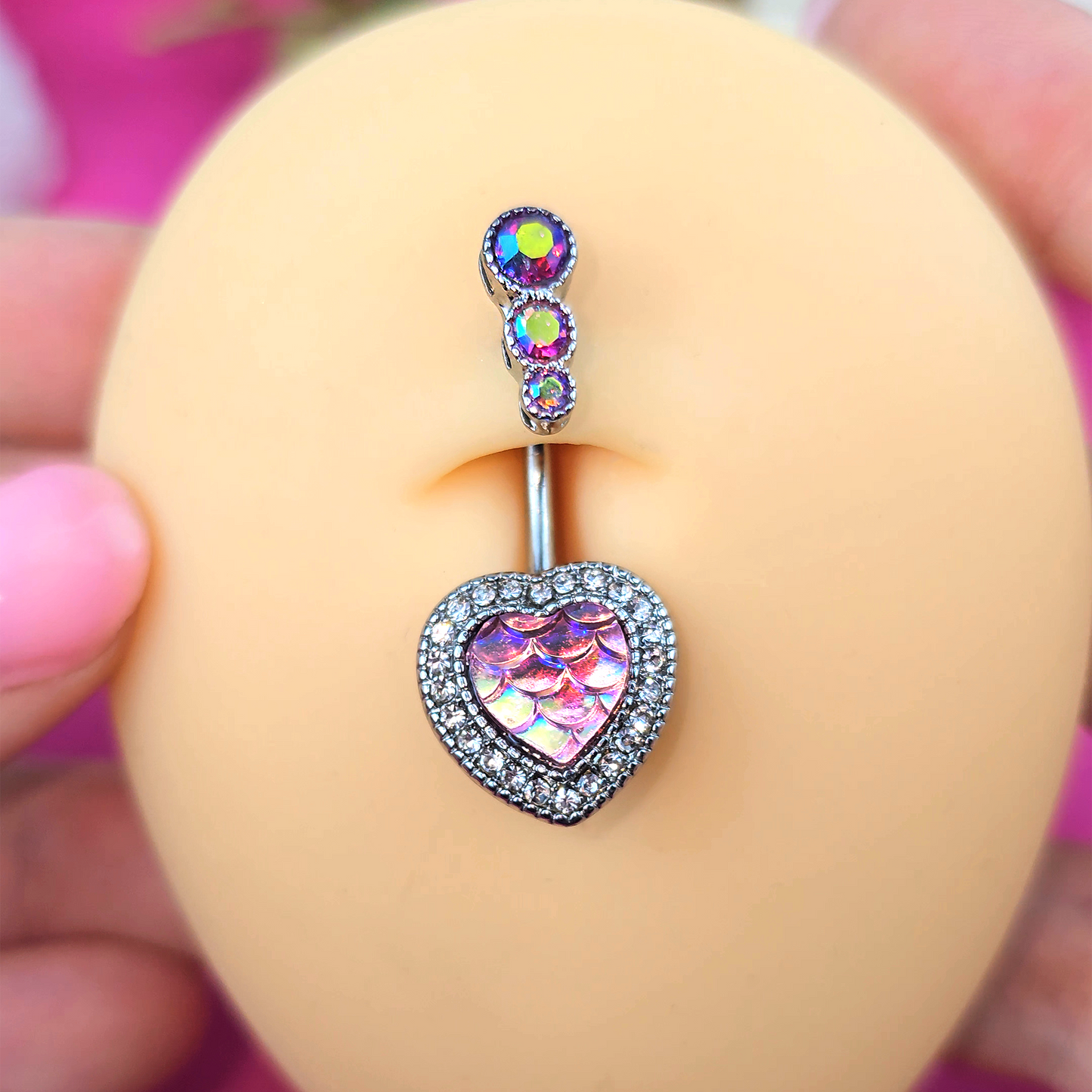Pink Gem Mermaid Scale Heart Double Mount Belly Ring