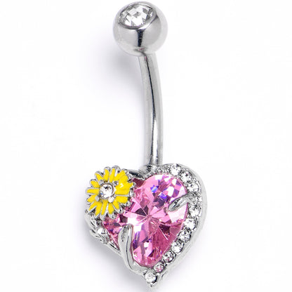 Pink Clear Gem Sunflower Heart Love Belly Ring