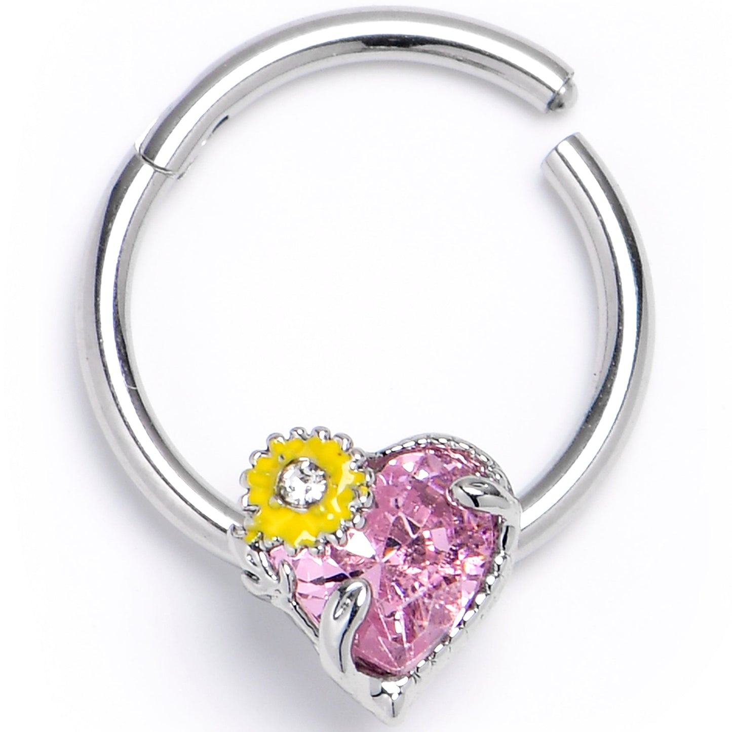 16G 3/8 Pink Clear Gem Sunflower Heart Love Hinged Segment Ring