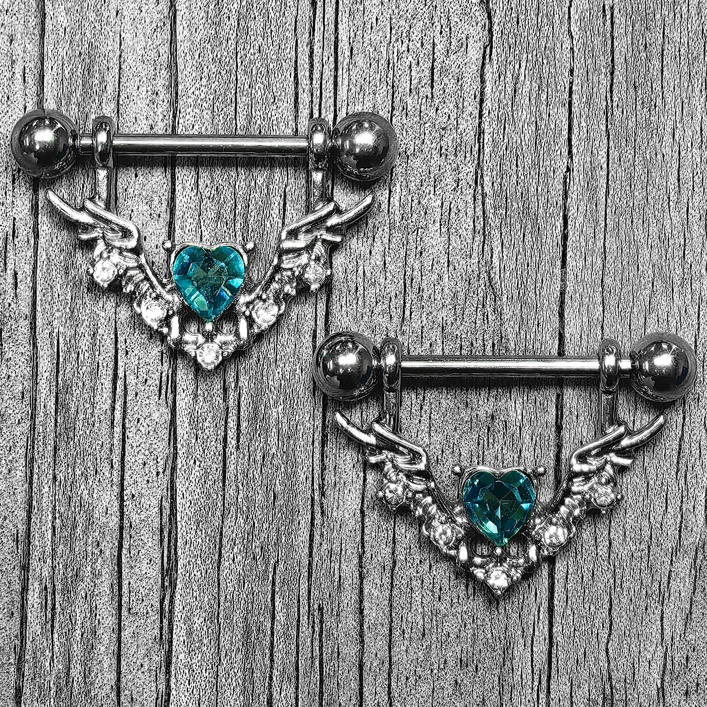 14G 9/16 Blue Gem Winged Hearts Angel Dangle Nipple Ring Set