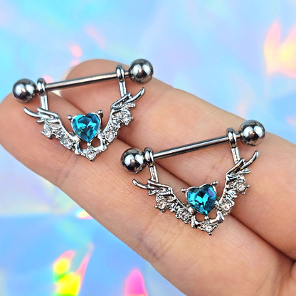14G 9/16 Blue Gem Winged Hearts Angel Dangle Nipple Ring Set