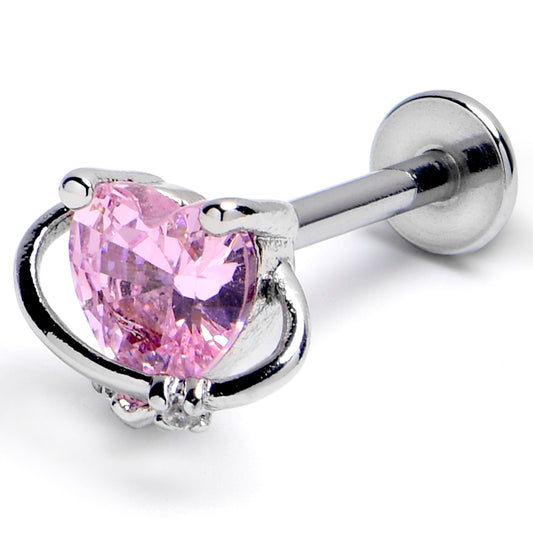 16G 3/8 Pink CZ Gem Saturn Heart Labret Monroe Tragus