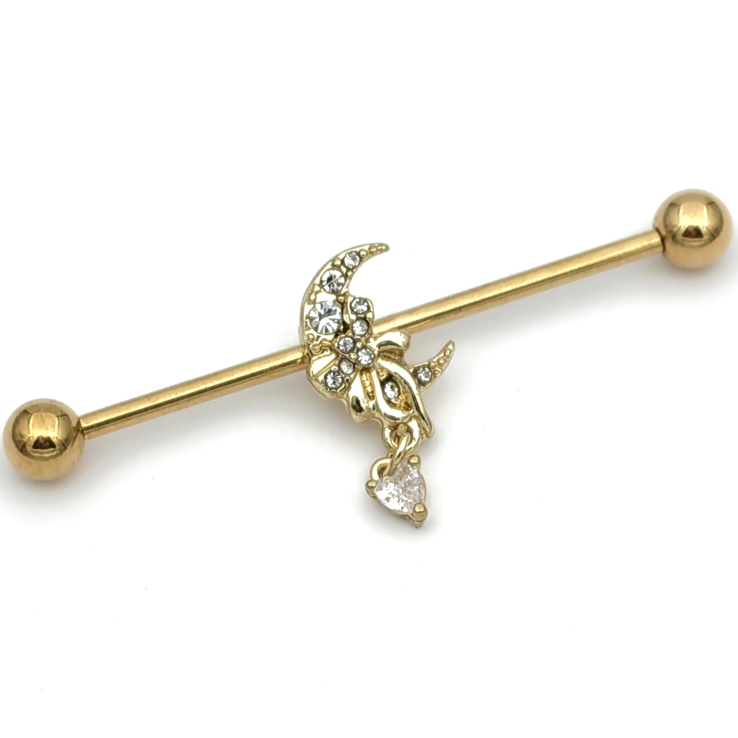 14G Clear CZ Gem Gold Tone Moon Bow Heart Industrial Barbell 38mm