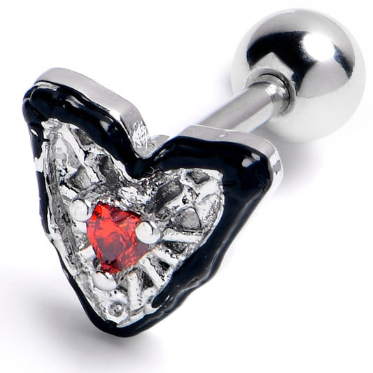 16G 1/4 Red Gem Captured Heart Cartilage Tragus Earring