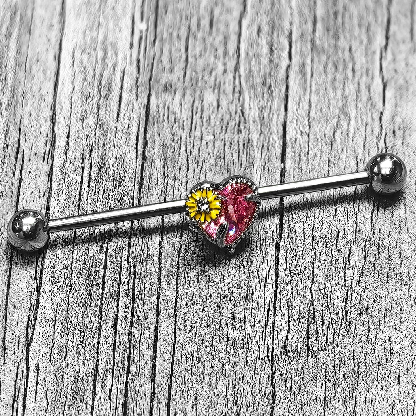 14G Clear Pink Gem Sunflower Heart Love Industrial Barbell 38mm