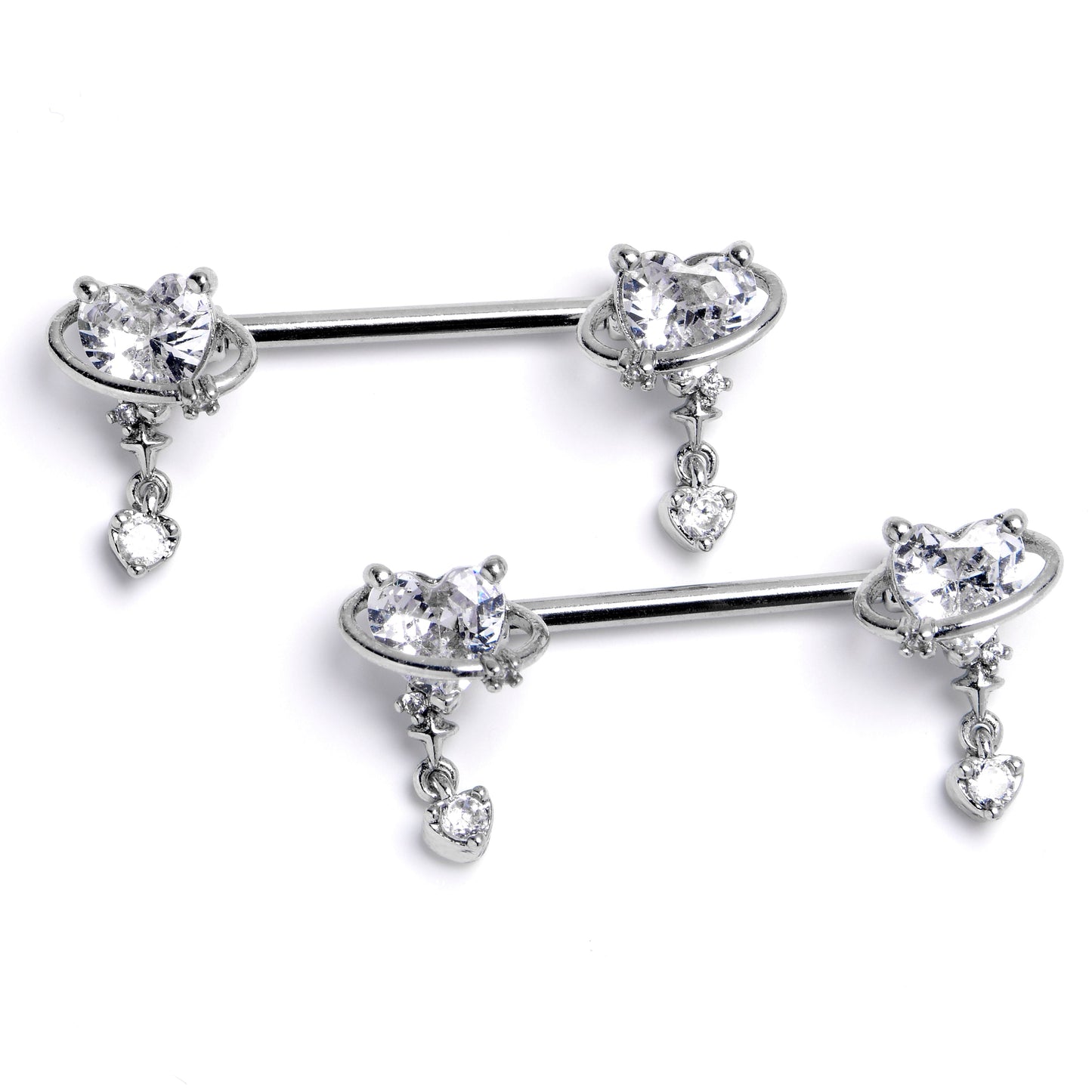 14G 9/16 Clear CZ Gem Saturn Heart Dangle Nipple Ring Set