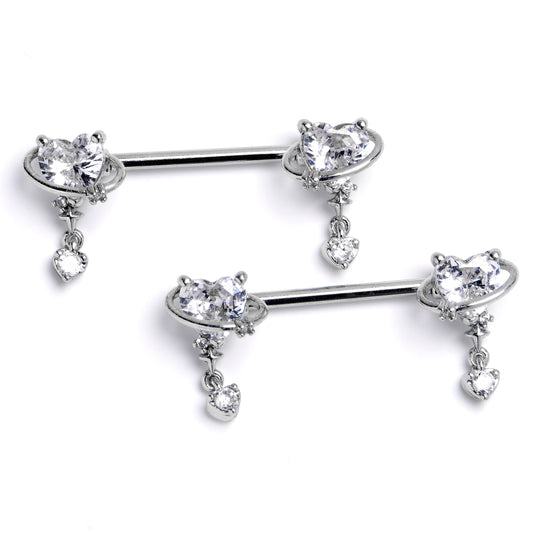 14G 9/16 Clear CZ Gem Saturn Heart Dangle Nipple Ring Set