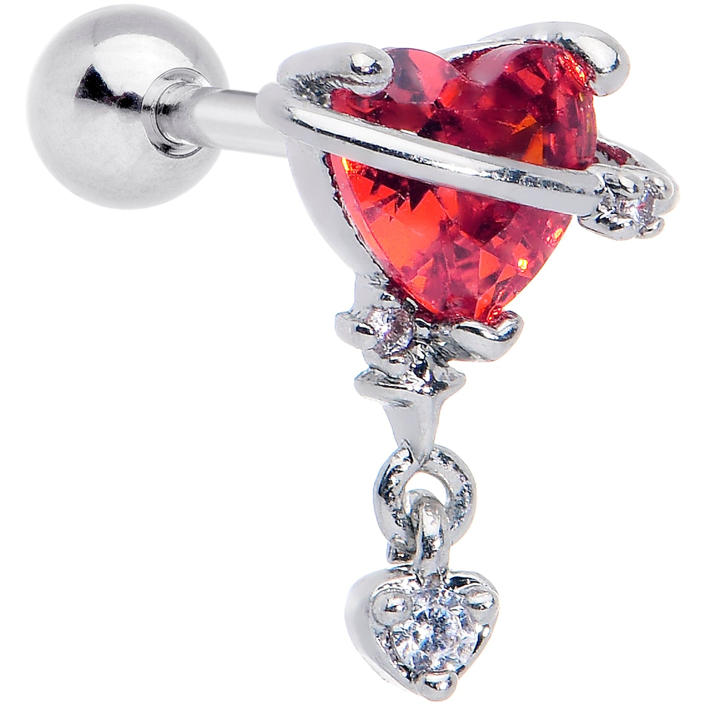 16G 1/4 Red Clear CZ Gem Saturn Heart Duo Cartilage Tragus Earring