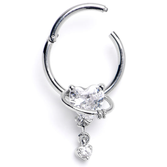 16G 3/8 Clear CZ Gem Saturn Heart Dangle Hinged Segment Ring