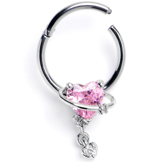 16G 3/8 Pink CZ Gem Saturn Heart Dangle Hinged Segment Ring
