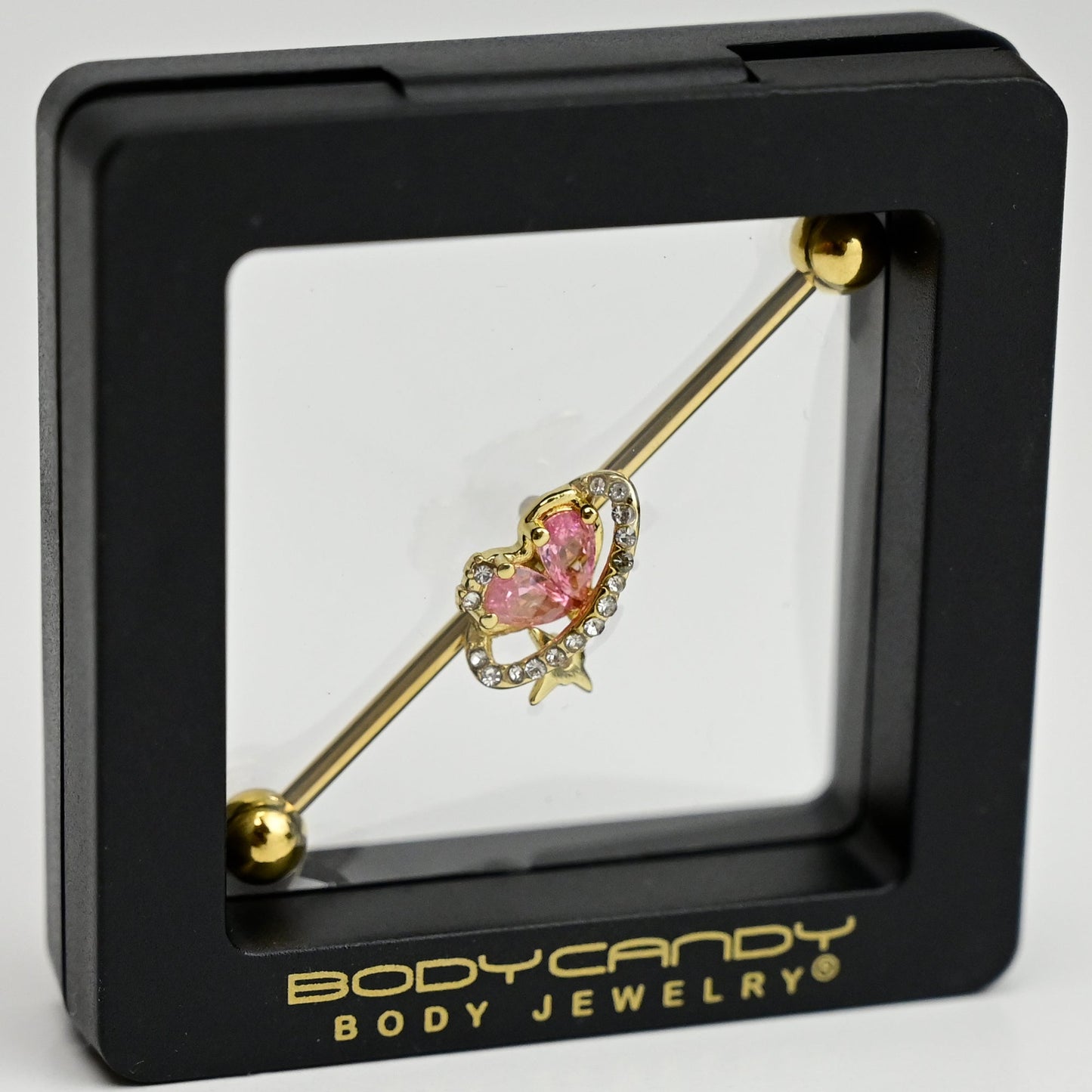 14G Clear Pink Gem Gold Tone Circle Heart Industrial Barbell 38mm