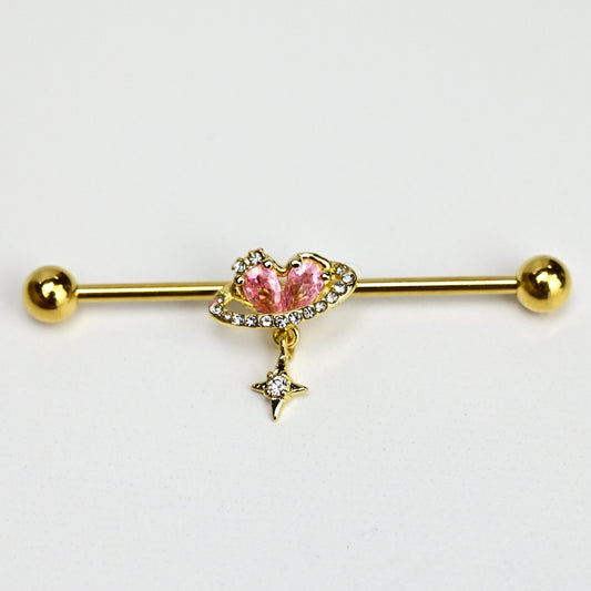 14G Clear Pink Gem Gold Tone Circle Heart Industrial Barbell 38mm
