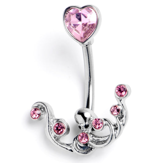 Pink Gem Heart Scrolling Elegance Double Mount Belly Ring