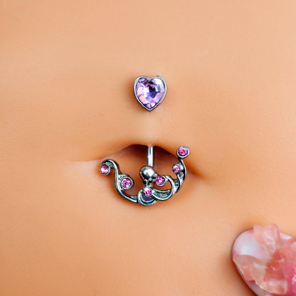 Pink Gem Heart Scrolling Elegance Double Mount Belly Ring
