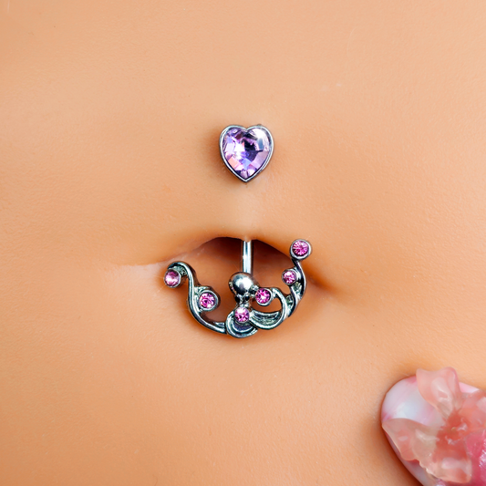 Pink Gem Heart Scrolling Elegance Double Mount Belly Ring