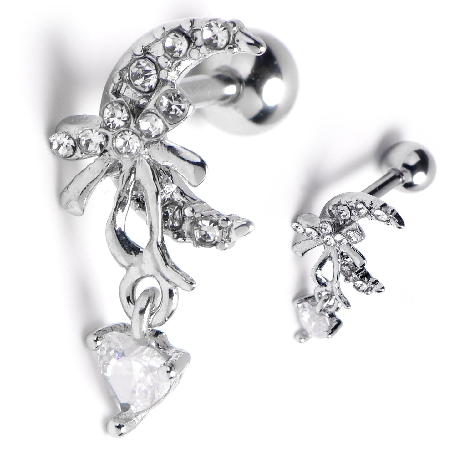 16G 1/4 Clear Gem Moon Bow Heart Dangle Cartilage Tragus Earring