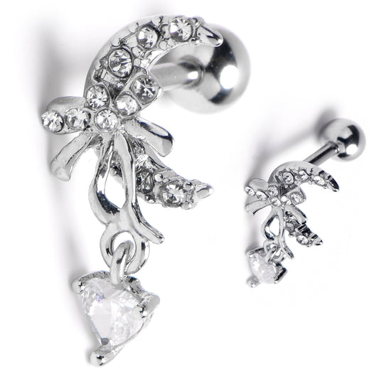 16G 1/4 Clear Gem Moon Bow Heart Dangle Cartilage Tragus Earring