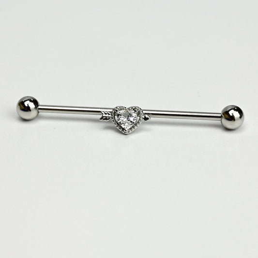 14G Clear Gem Fusion of Love Arrow Heart Industrial Barbell 38mm