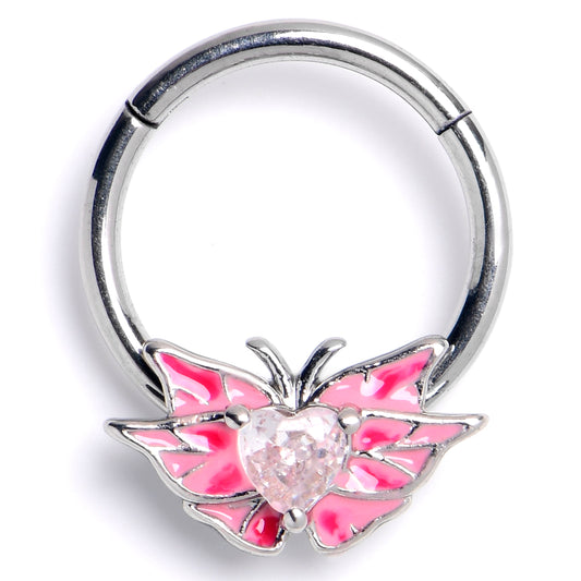 16G 3/8 Pink CZ Gem Heart Butterfly Pink Hinged Segment Ring