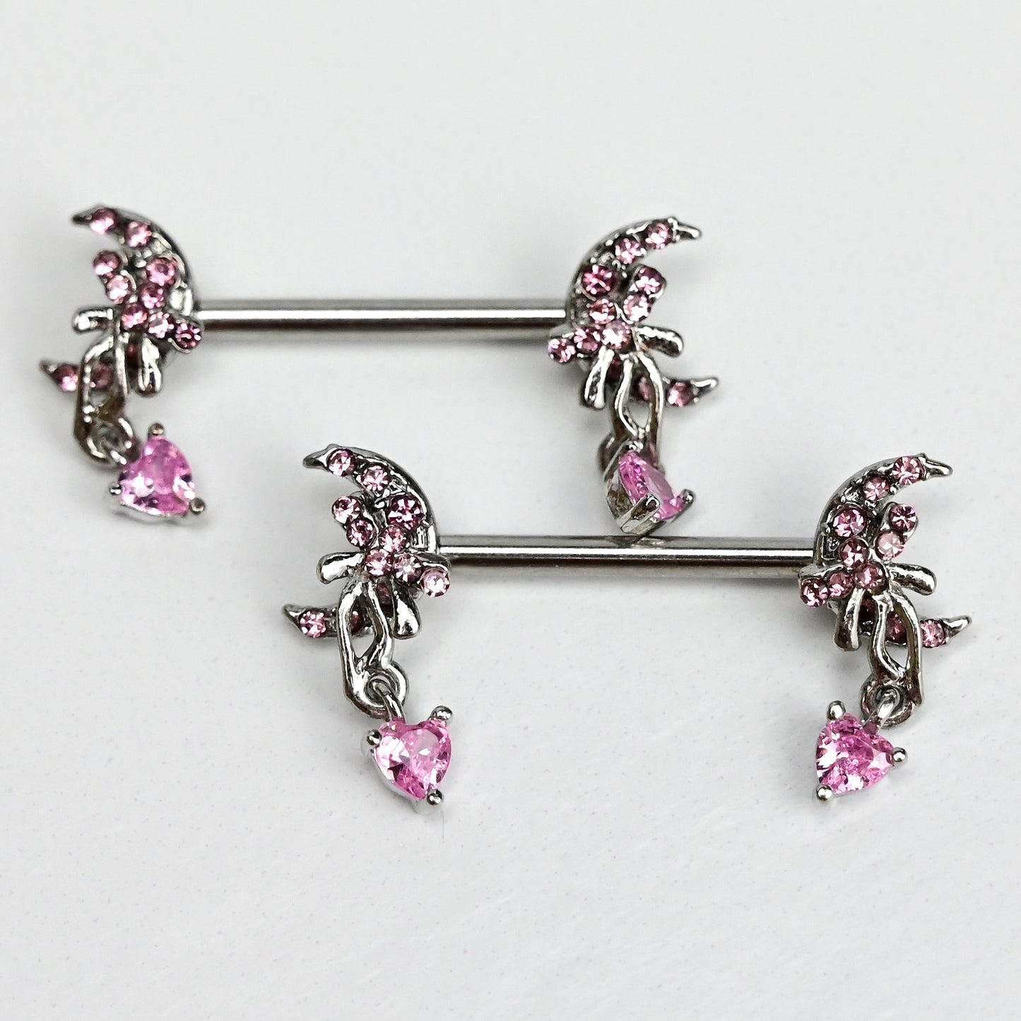 14G 9/16 Pink Gem Moon Bow Heart Dangle Nipple Ring Set