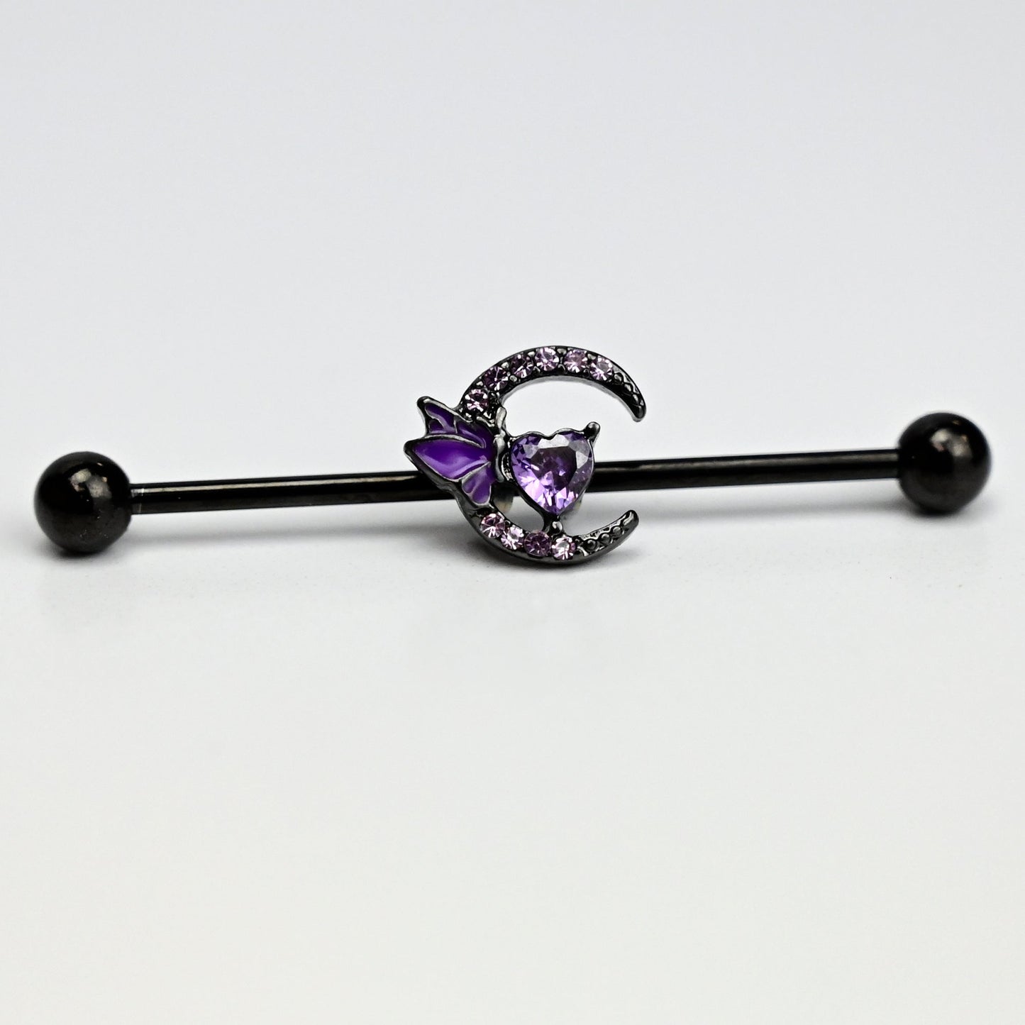 14G Purple Gem Black Moon Butterfly Heart Industrial Barbell 38mm