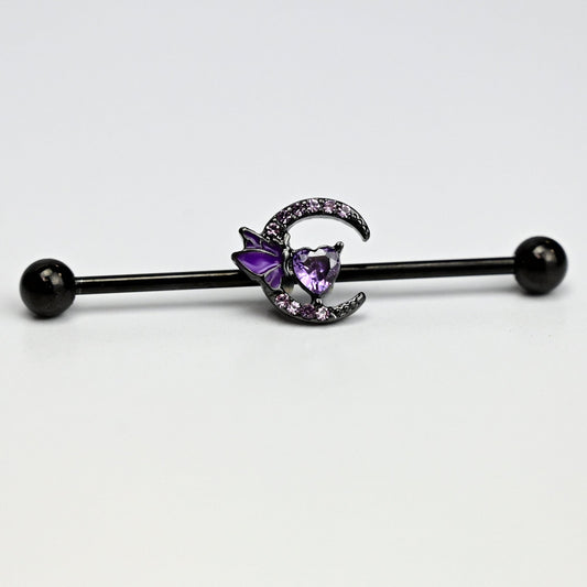 14G Purple Gem Black Moon Butterfly Heart Industrial Barbell 38mm