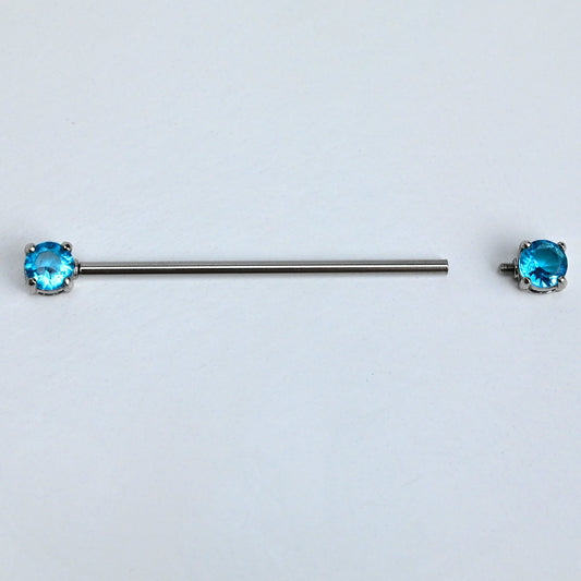 14G Blue CZ Gem Internally Threaded Industrial Barbell 38mm