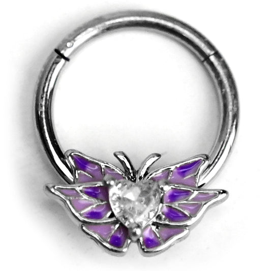 16G 3/8 Clear Gem Heart Butterfly Purple Hinged Segment Ring