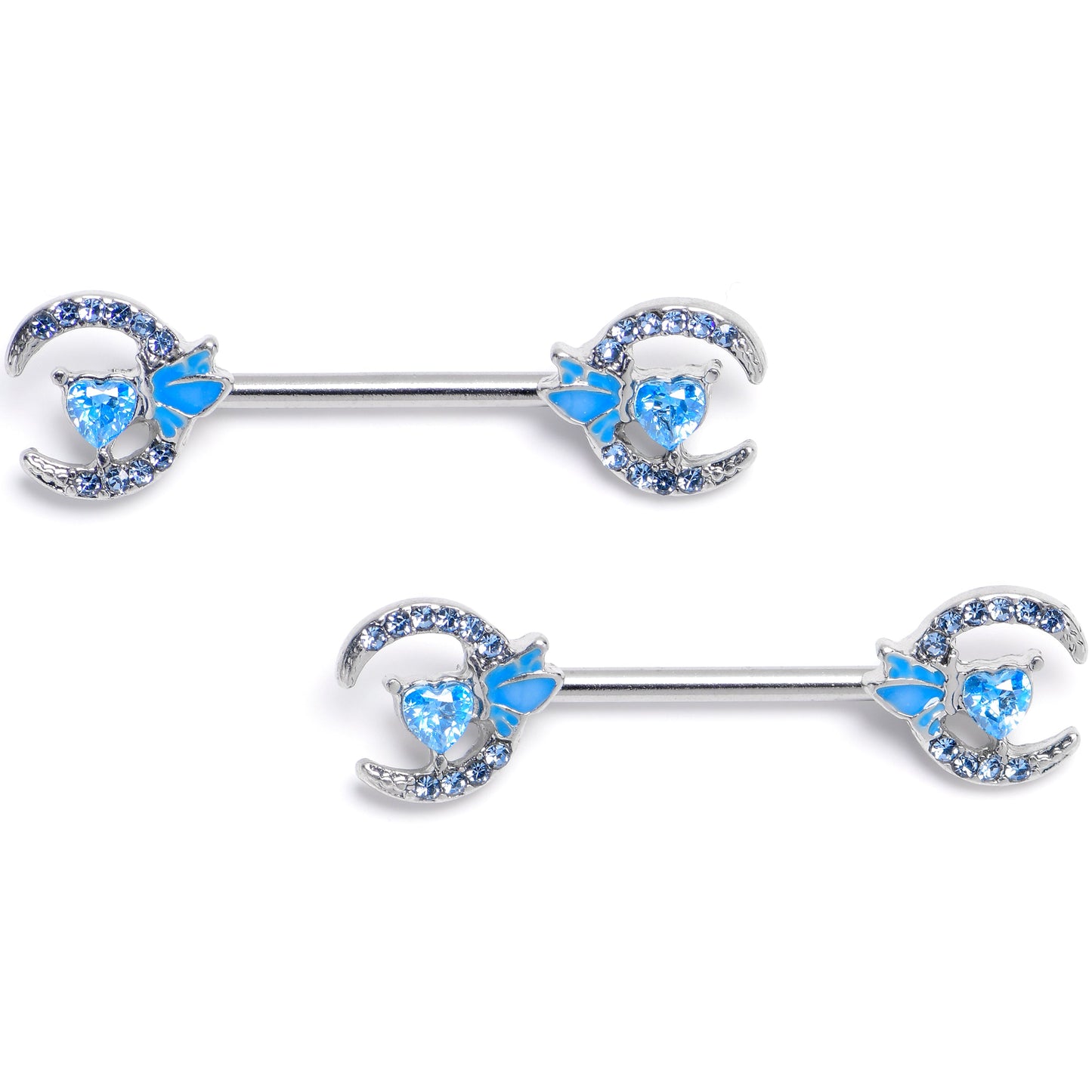 14G 9/16 Blue Gem Butterfly Heart Moon Barbell Nipple Ring Set