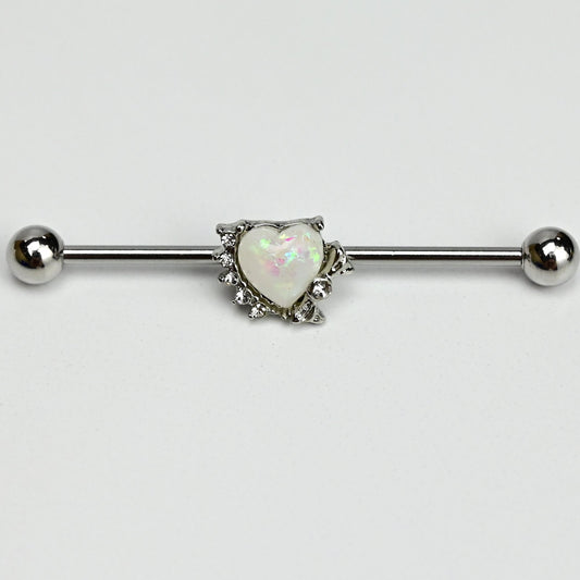 14G White Faux Opal Sunny Heart Industrial Barbell 38mm