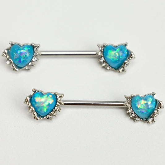 14G 9/16 Blue Faux Opal Sun Heart Barbell Nipple Ring Set