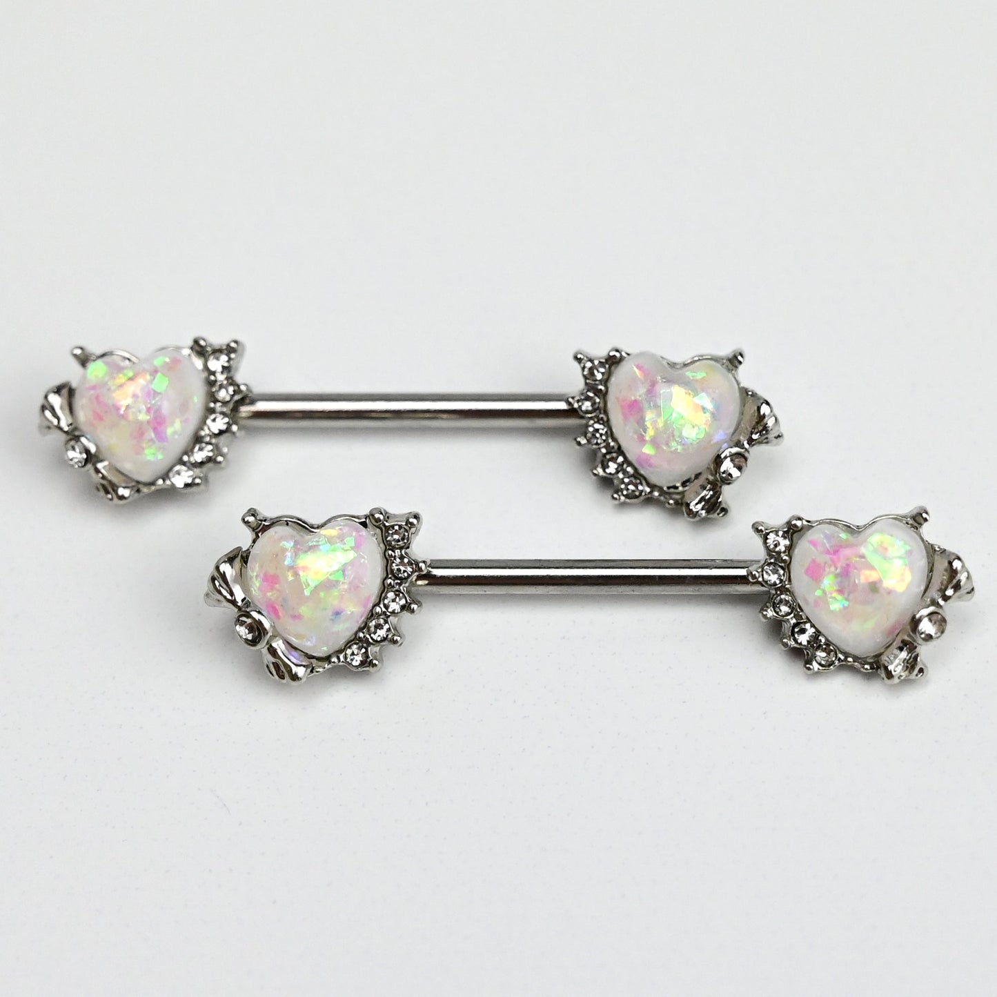 14G 9/16 White Faux Opal Sun Heart Barbell Nipple Ring Set