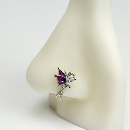 20G 7mm Clear Gem Purples Dazzling Butterfly L Shape Nose Ring